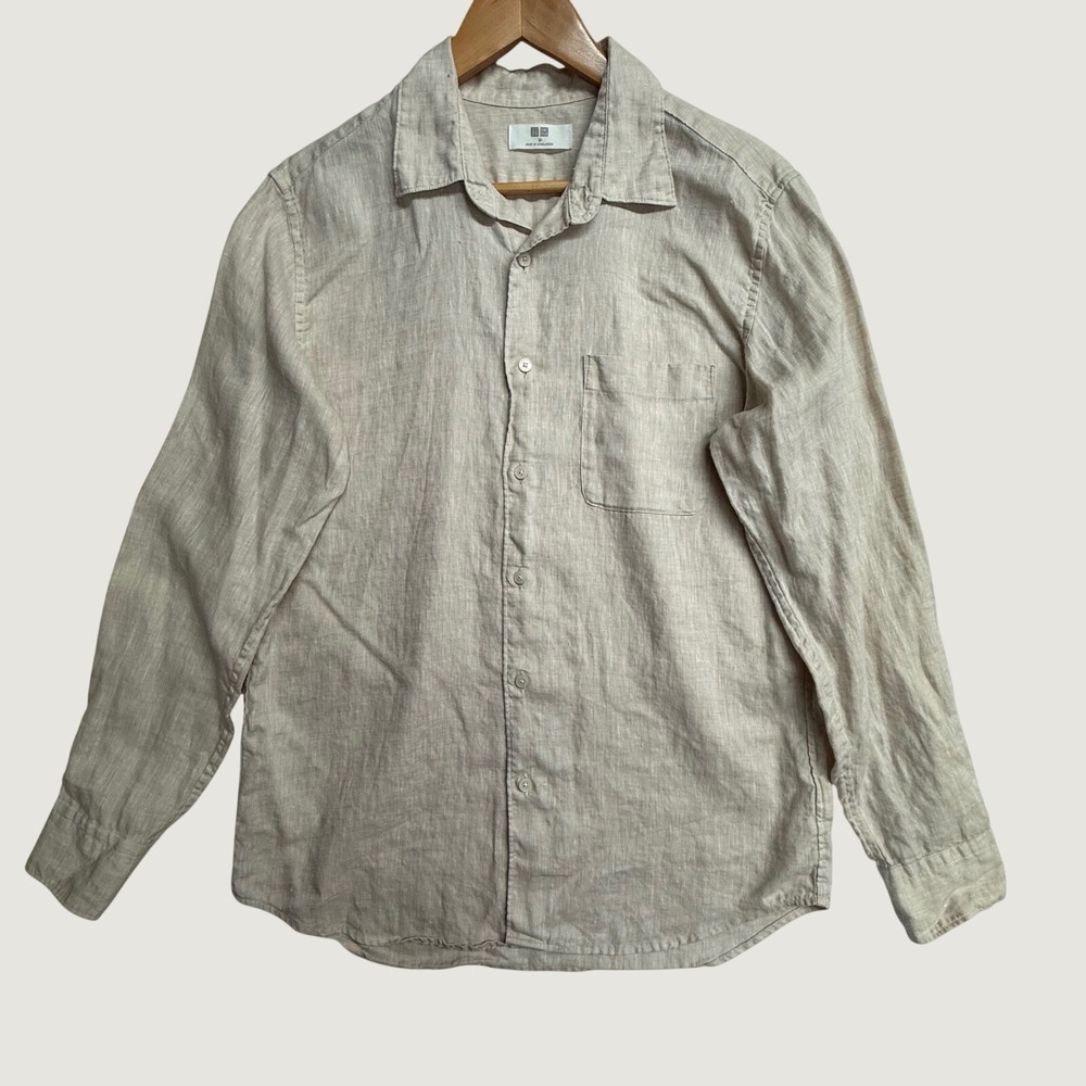 Uniqlo Mens Large 100% Linen Shirt Beige Natural Long Sleeve Button Down